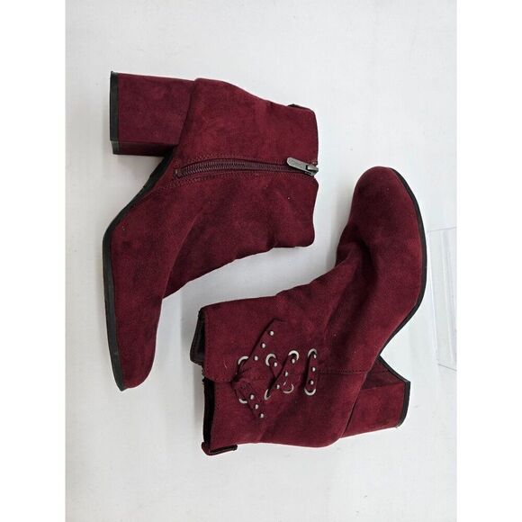 Wine Red Suede Ankle Boots With Chunky Heel & Side Zipper Sz 7.5 - Picture 4 of 7